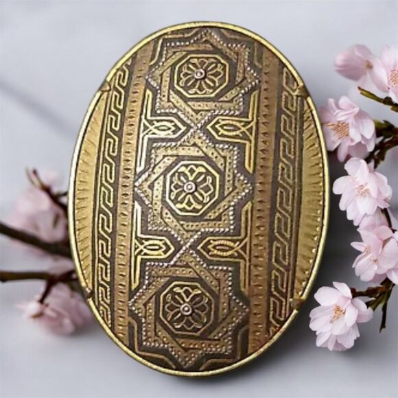 Vintage Geometric Spanish Damascene Oval Brooch - Gold-Tone, Trombone Clasp - Picture 1 of 4